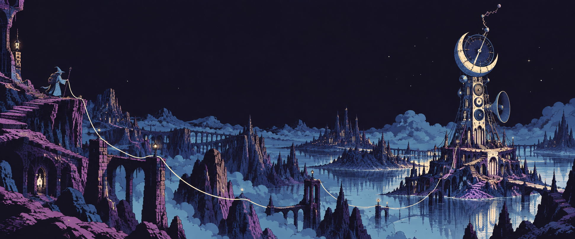 A small wizard and an enormous musical tower in a purple midnight landscape
