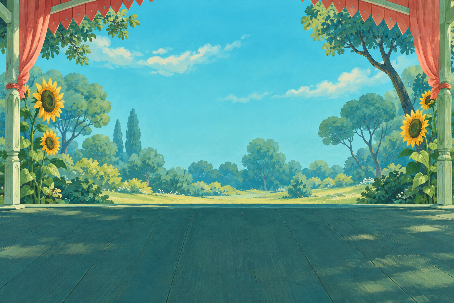 A painted summer pavilion surrounded by trees and sunflowers
