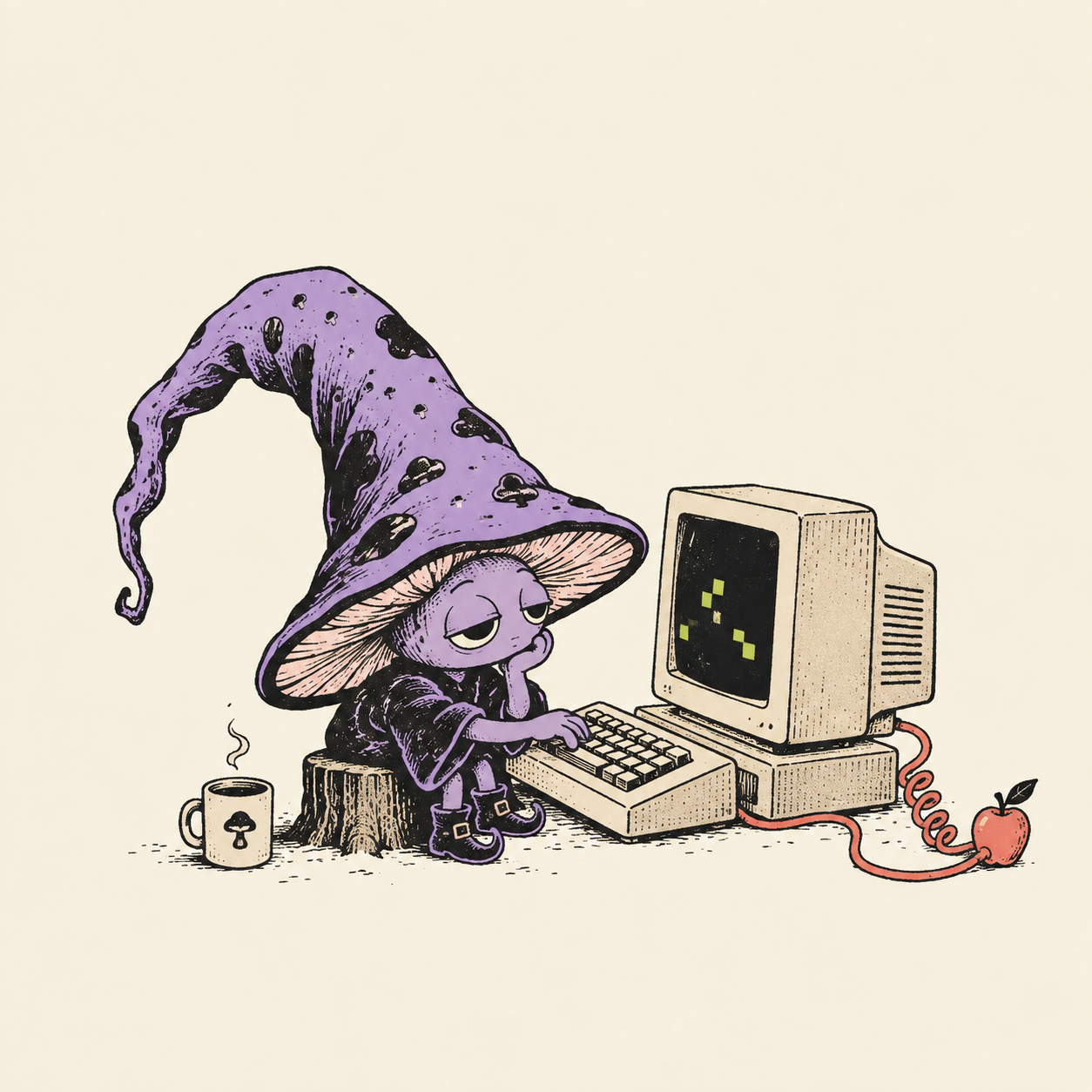 Our sleepy violet mushroom mascot at a small computer, coffee close at hand