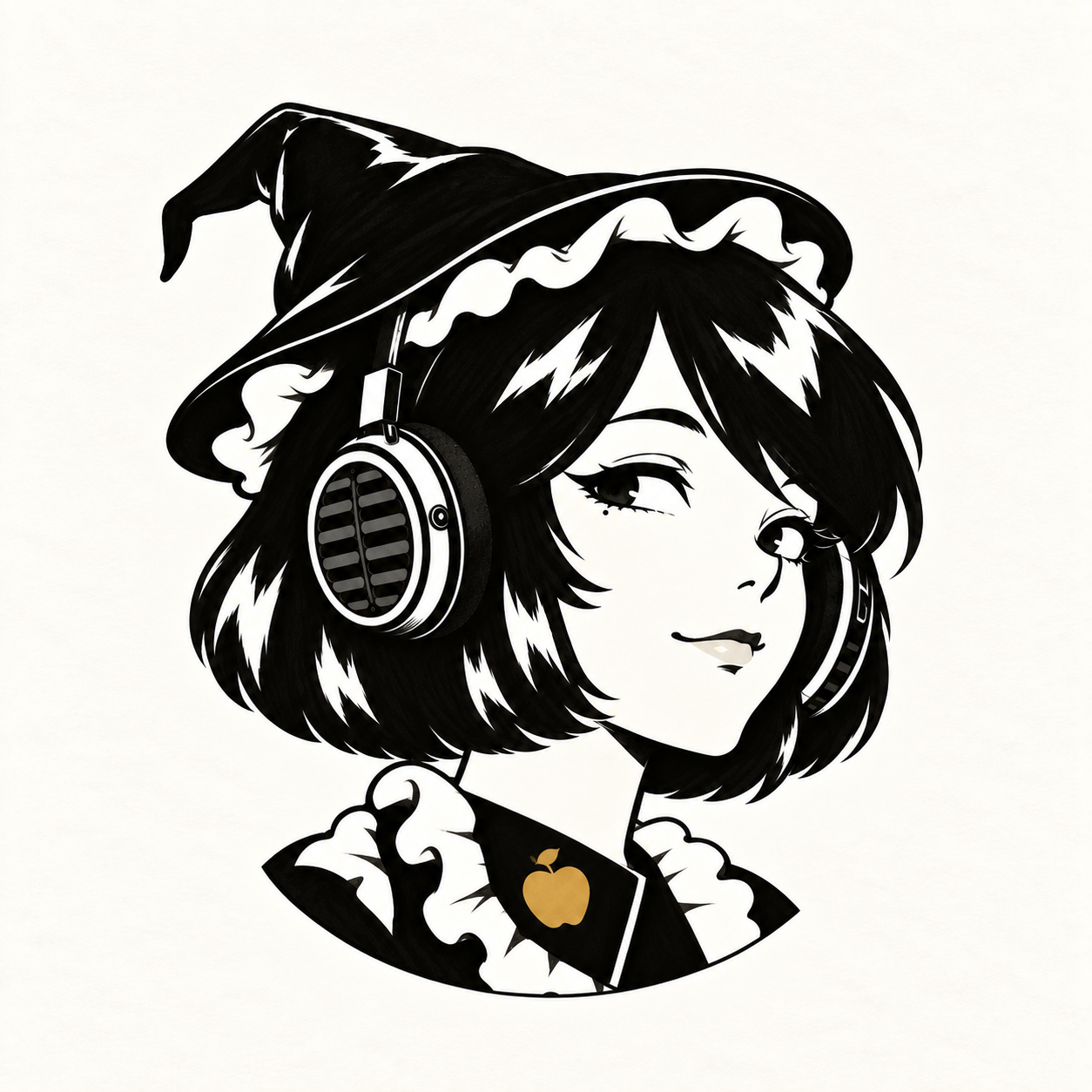 MusicMaid with her bent wizard hat, headphones, frill and small apple